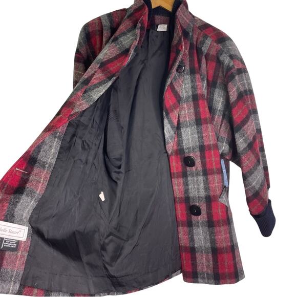 Vintage Wool Jacket Plaid Red Black Gray High Collar - Picture 3 of 12